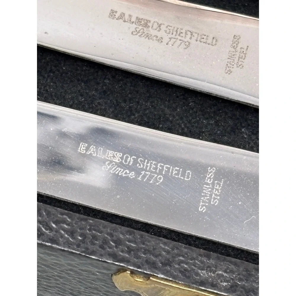 Vtg Eales of Sheffield 6 Piece Steak Knife Set Stainless Mother of Pearl Case